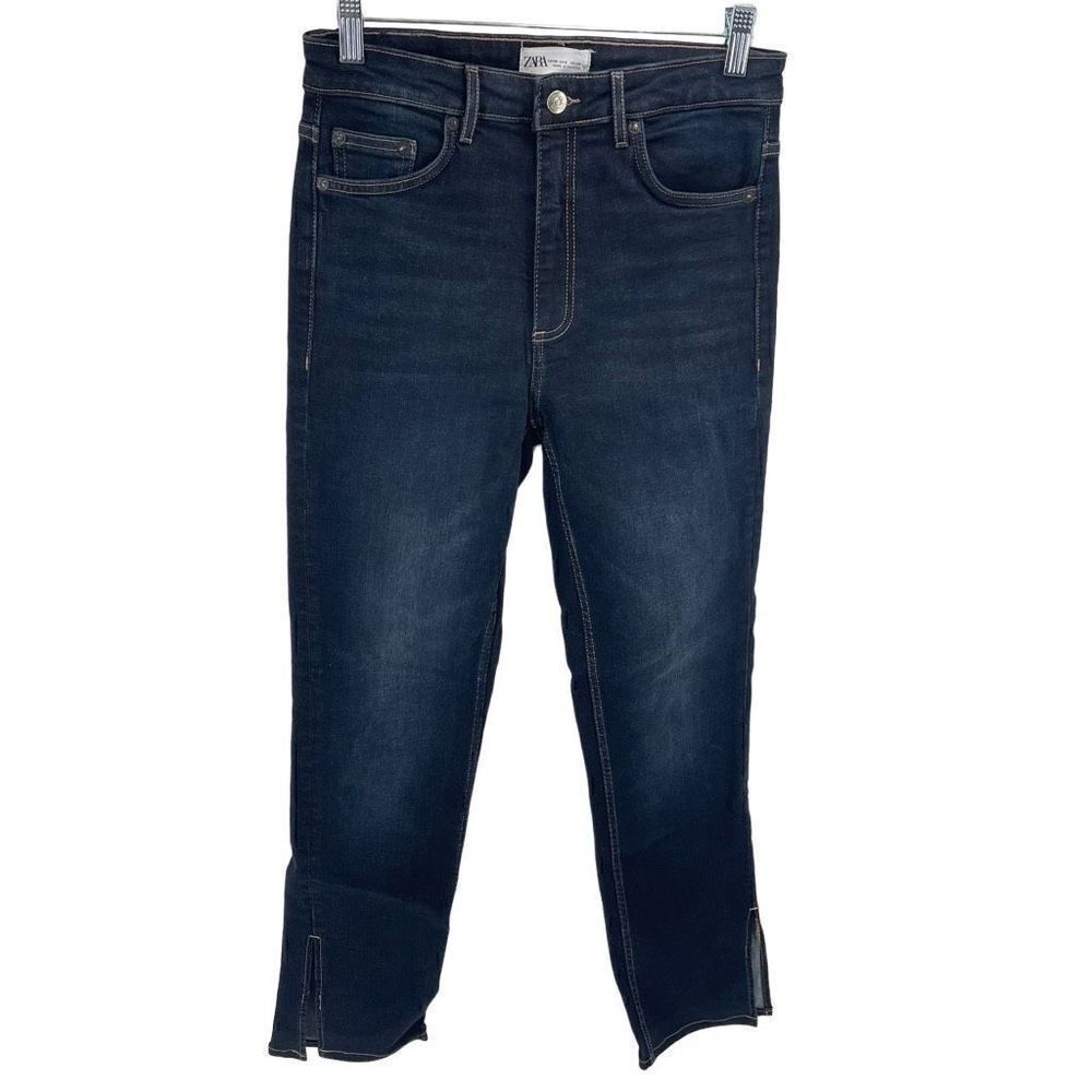 Zara Womens Jeans Tapered Leg Denim ankle Slit Hem Dark Wash Blue Size 6